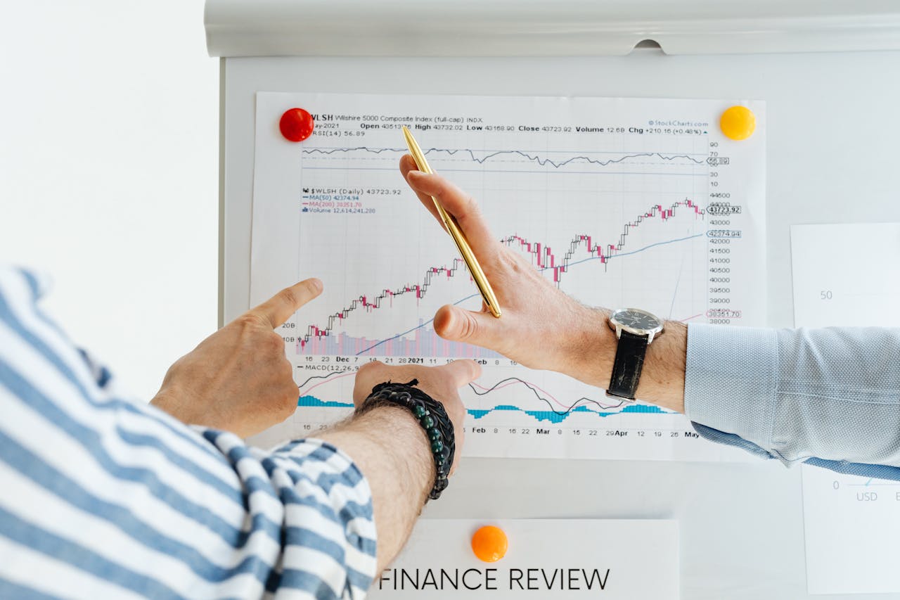 Professionals analyzing financial charts at a whiteboard meeting.