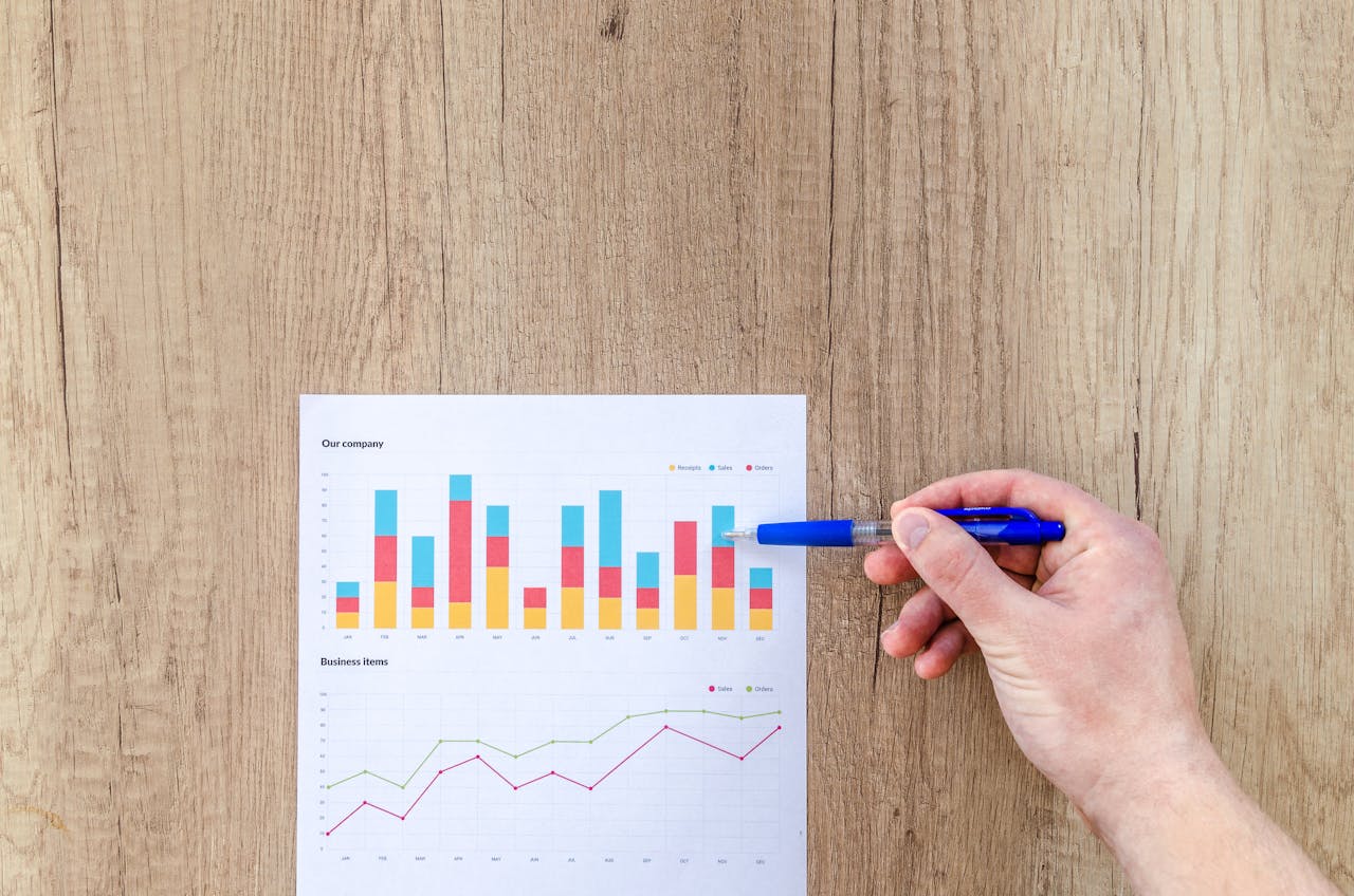 A hand points a pen at business graphs on a wooden table, highlighting data analysis.